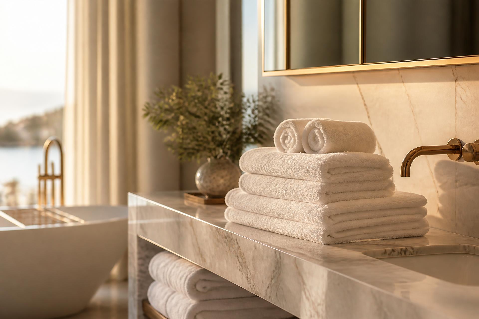 Folded luxury white towels on a marble vanity in an upscale hotel bathroom